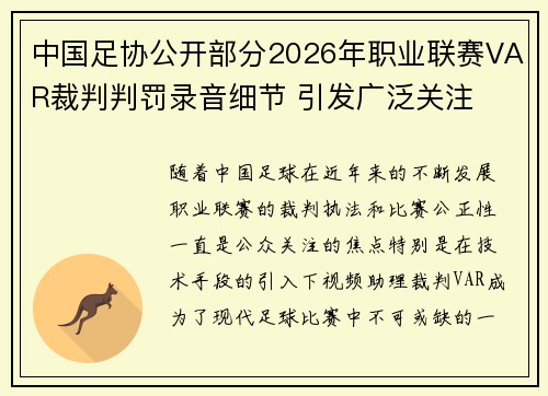 中国足协公开部分2026年职业联赛VAR裁判判罚录音细节 引发广泛关注